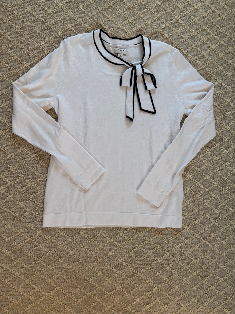 J. Crew White Long-Sleeve Bow-Neck Top with Black Trim